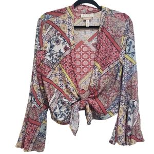 Jessica Simpson Nursing Boho Patchwork Tie Front Top S Bell Sleeves